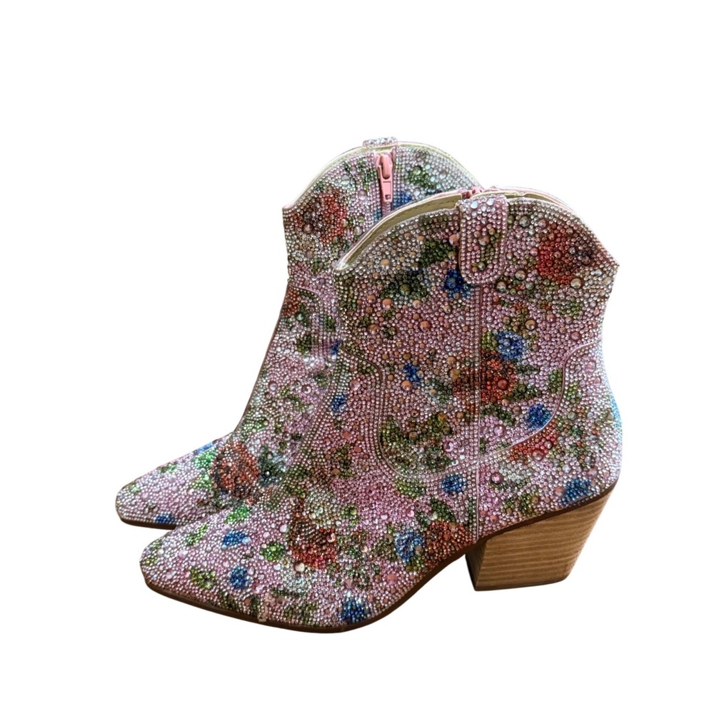 Betsey Johnson Dive F Pink Floral Rhinestone Ankle Bootie Sz 8 Western